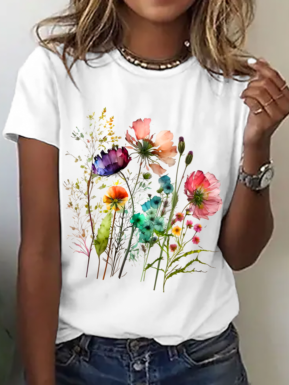 Lässig Geblümt Rundhals Kurzarm T-Shirt