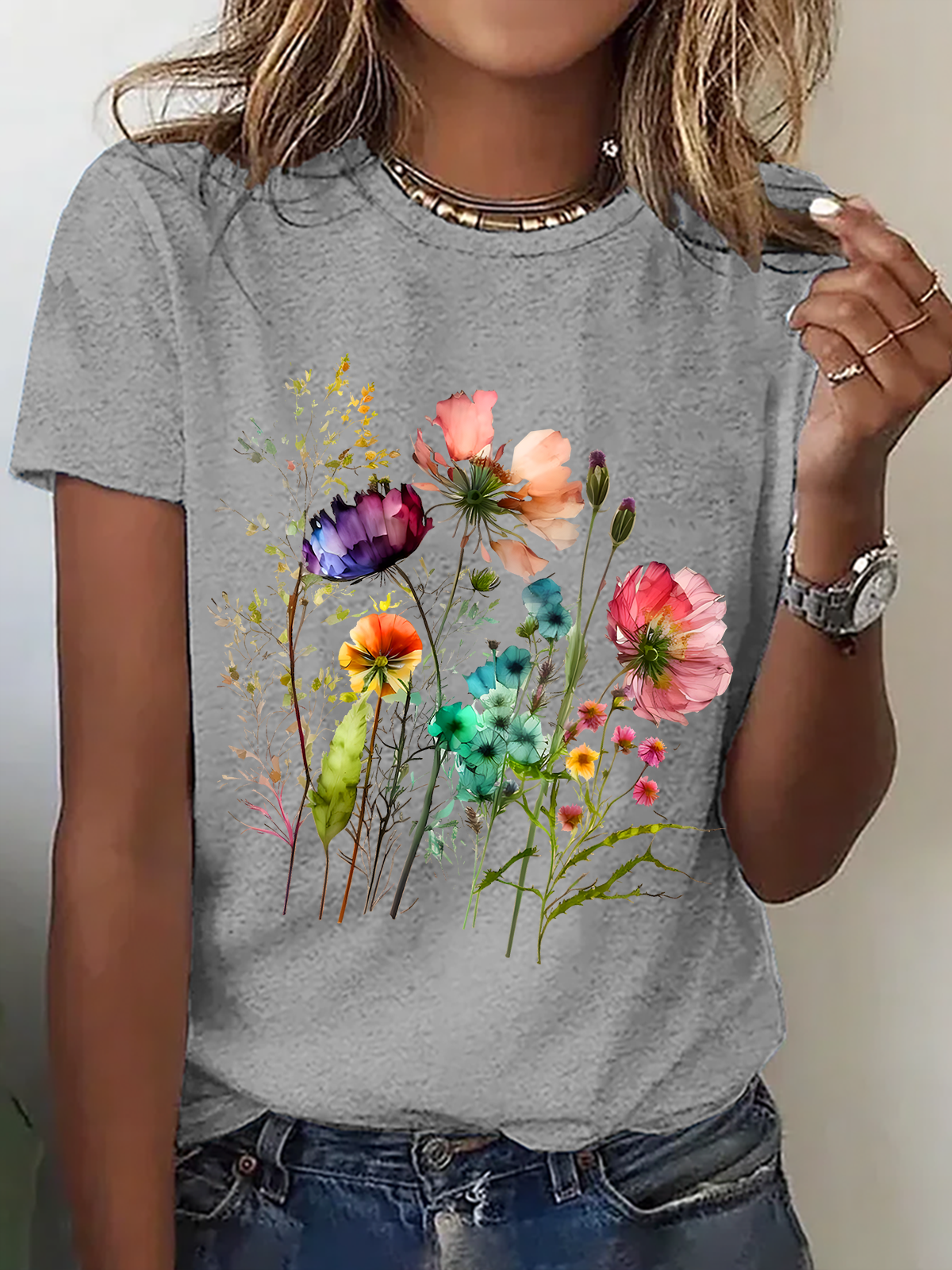 Lässig Geblümt Rundhals Kurzarm T-Shirt