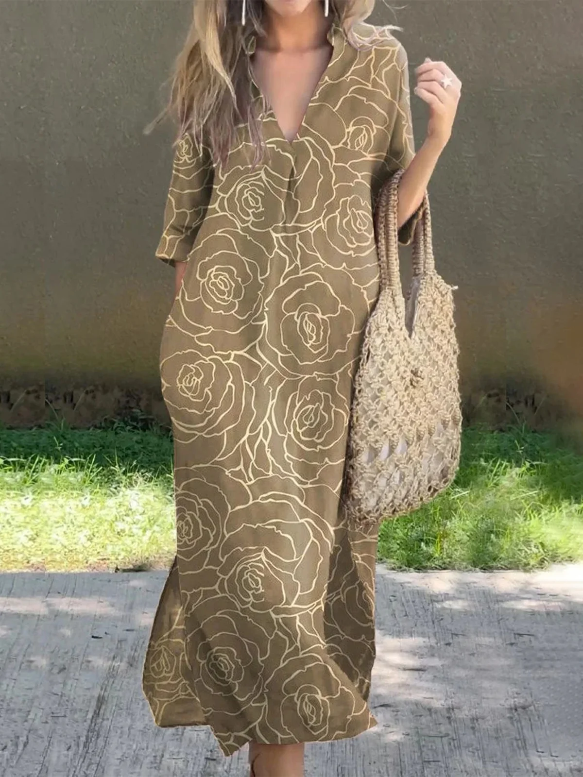 Damen Geblümt Sommer Print Kleid V-Ausschnitt Dreiviertelärmel H-Linie Kleid