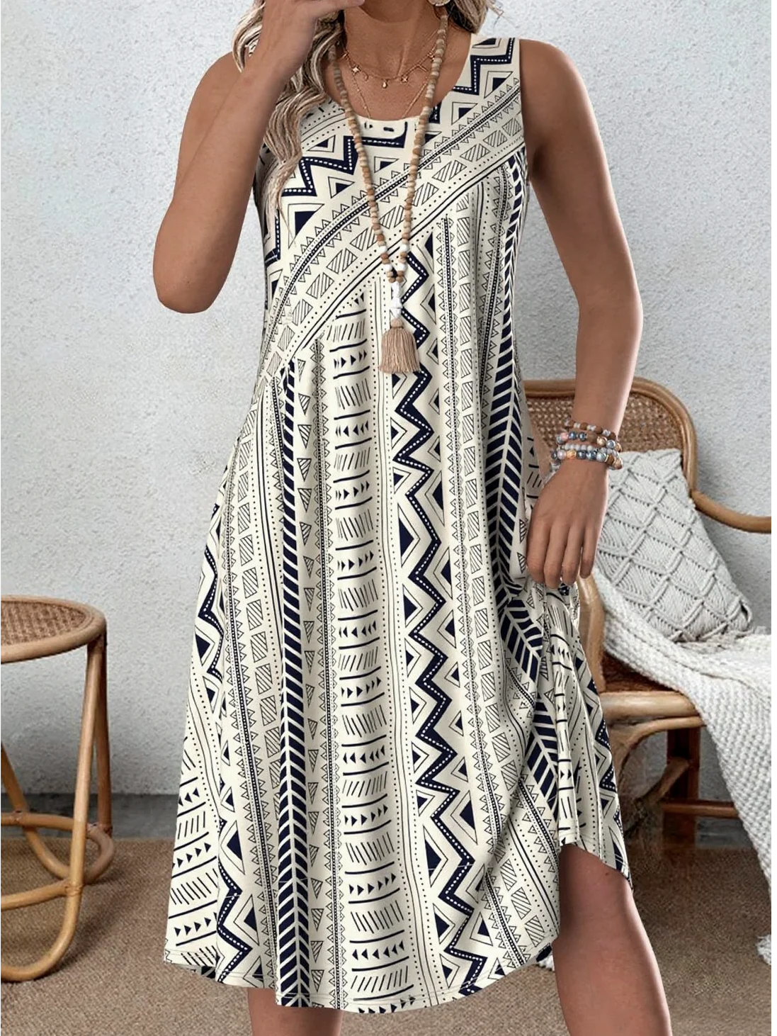 Damen Geometrisch Sommer Kleid Rundhals Ärmellos Tanktop A-Linien-Kleid