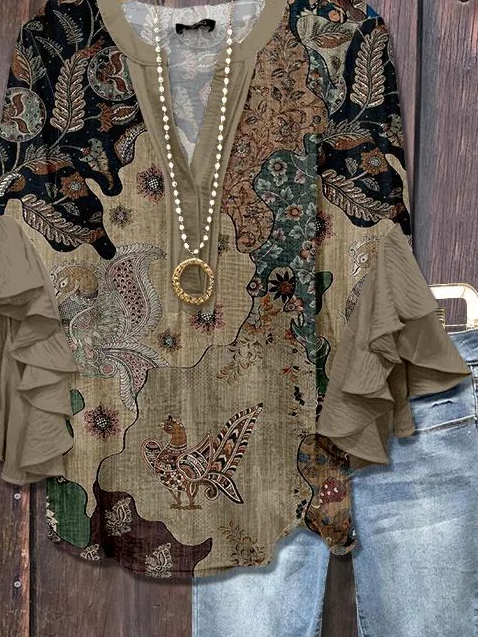 V-Ausschnitt Halbarm Geblümt Print Regelmäßig Weit Bluse für Damen