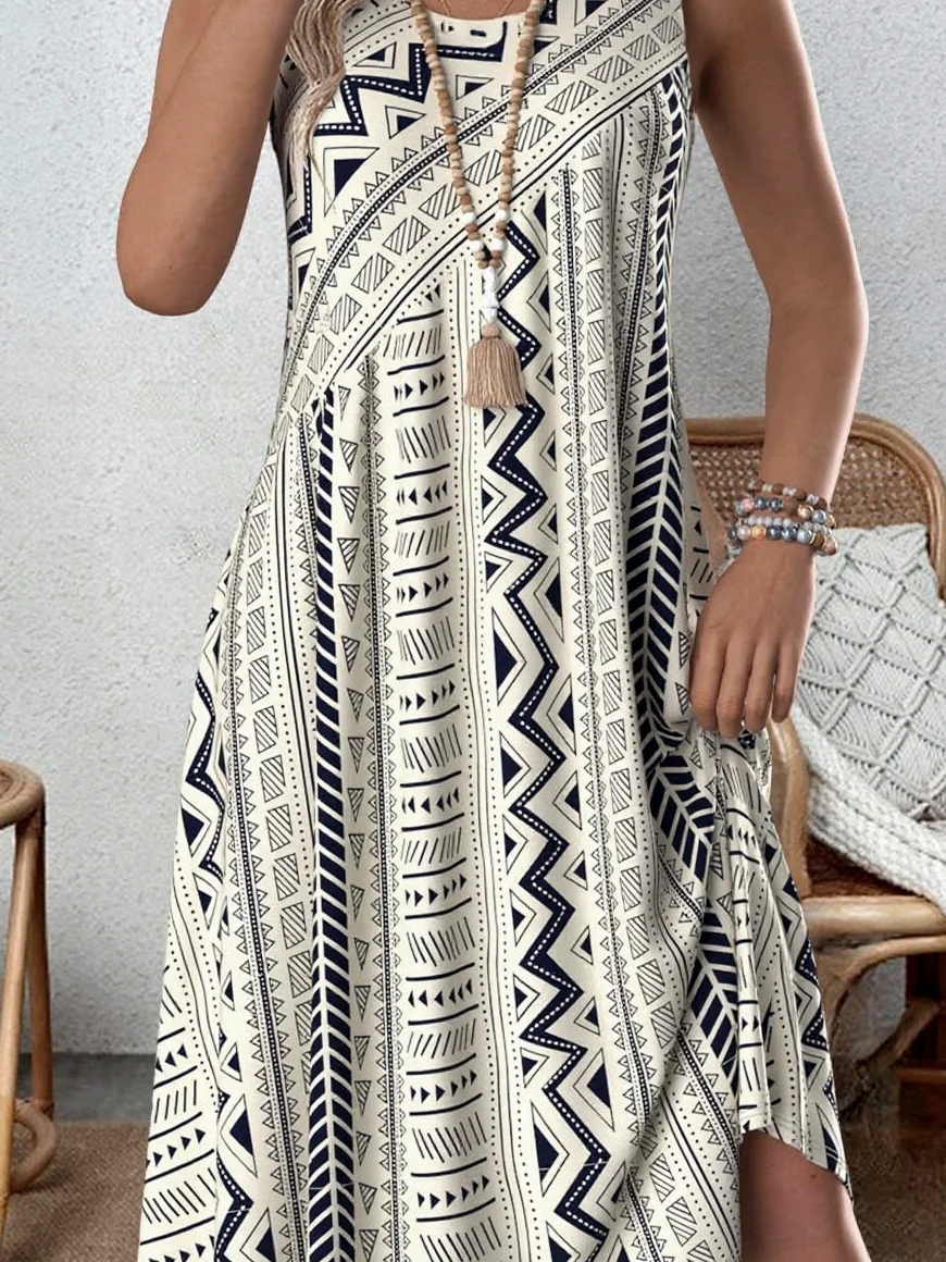 Damen Geometrisch Sommer Kleid Rundhals Ärmellos Tanktop A-Linien-Kleid