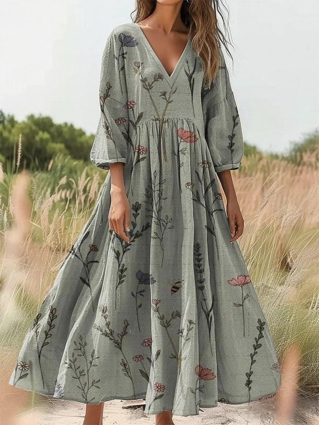 Damen Geblümt Sommer Kleid Rundhals Halbarm H-Linie Kleid