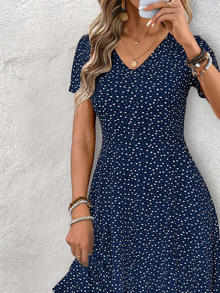 Damen Abstrakte Tupfen Sommer Kleid V-Ausschnitt Kurzarm Passen & Flare Kleid A-Linien-Kleid