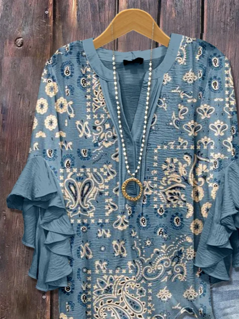 V-Ausschnitt Halbarm Geblümt Print Regelmäßig Weit Bluse für Damen