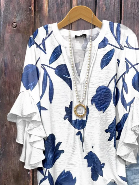 V-Ausschnitt Halbarm Geblümt Print Regelmäßig Weit Bluse für Damen