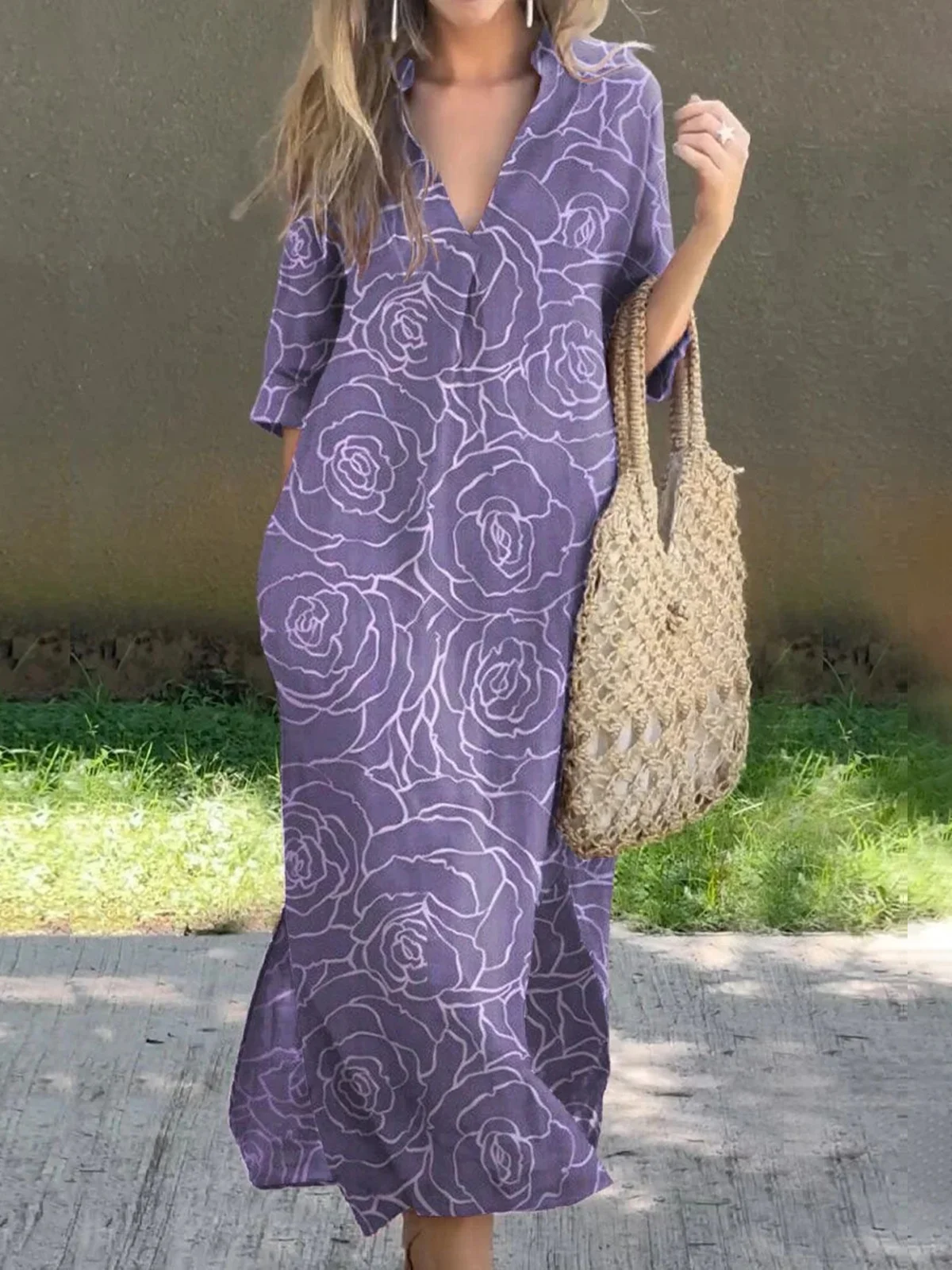 Damen Geblümt Sommer Print Kleid V-Ausschnitt Dreiviertelärmel H-Linie Kleid