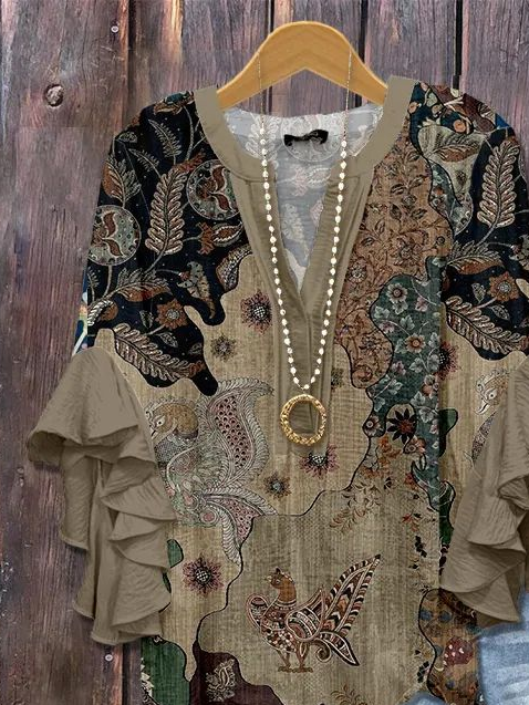 V-Ausschnitt Halbarm Geblümt Print Regelmäßig Weit Bluse für Damen