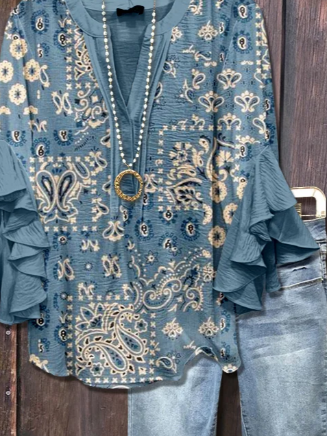 V-Ausschnitt Halbarm Geblümt Print Regelmäßig Weit Bluse für Damen
