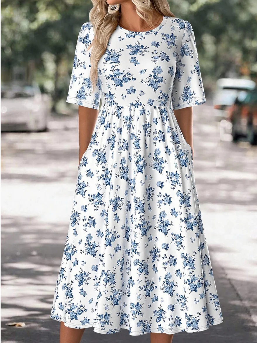 Damen Geblümt Sommer Kleid Rundhals Halbarm A-Linien-Kleid