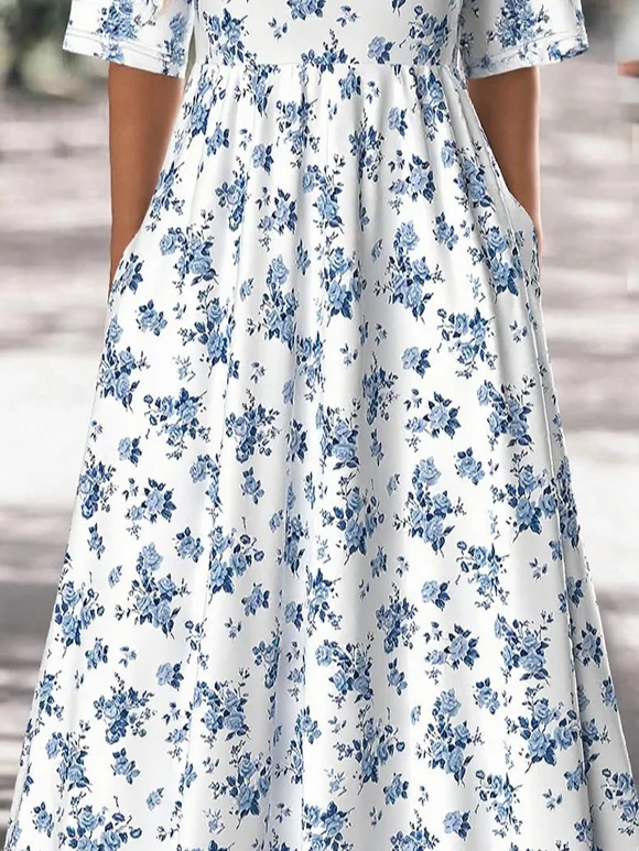 Damen Geblümt Sommer Kleid Rundhals Halbarm A-Linien-Kleid