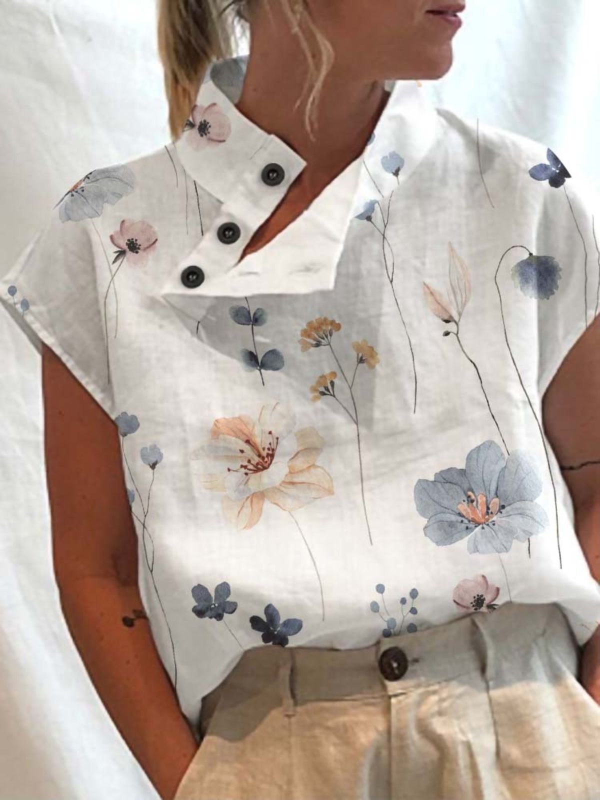 Schalkragen Kurzarm Geblümt Regelmäßig Mikroelastizität Regelmäßige Passform Bluse für Damen
