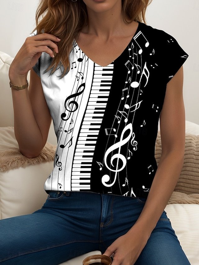 Lässig Geometrisch V-Ausschnitt Kurzarm T-Shirt