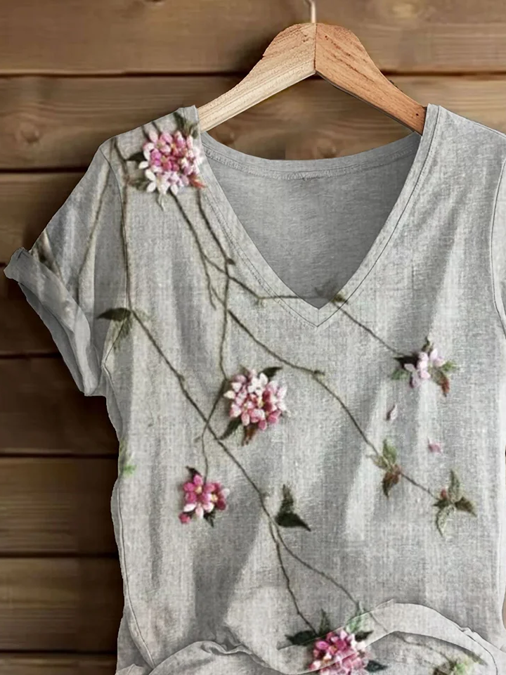 Lässig Geblümt V-Ausschnitt Kurzarm T-Shirt