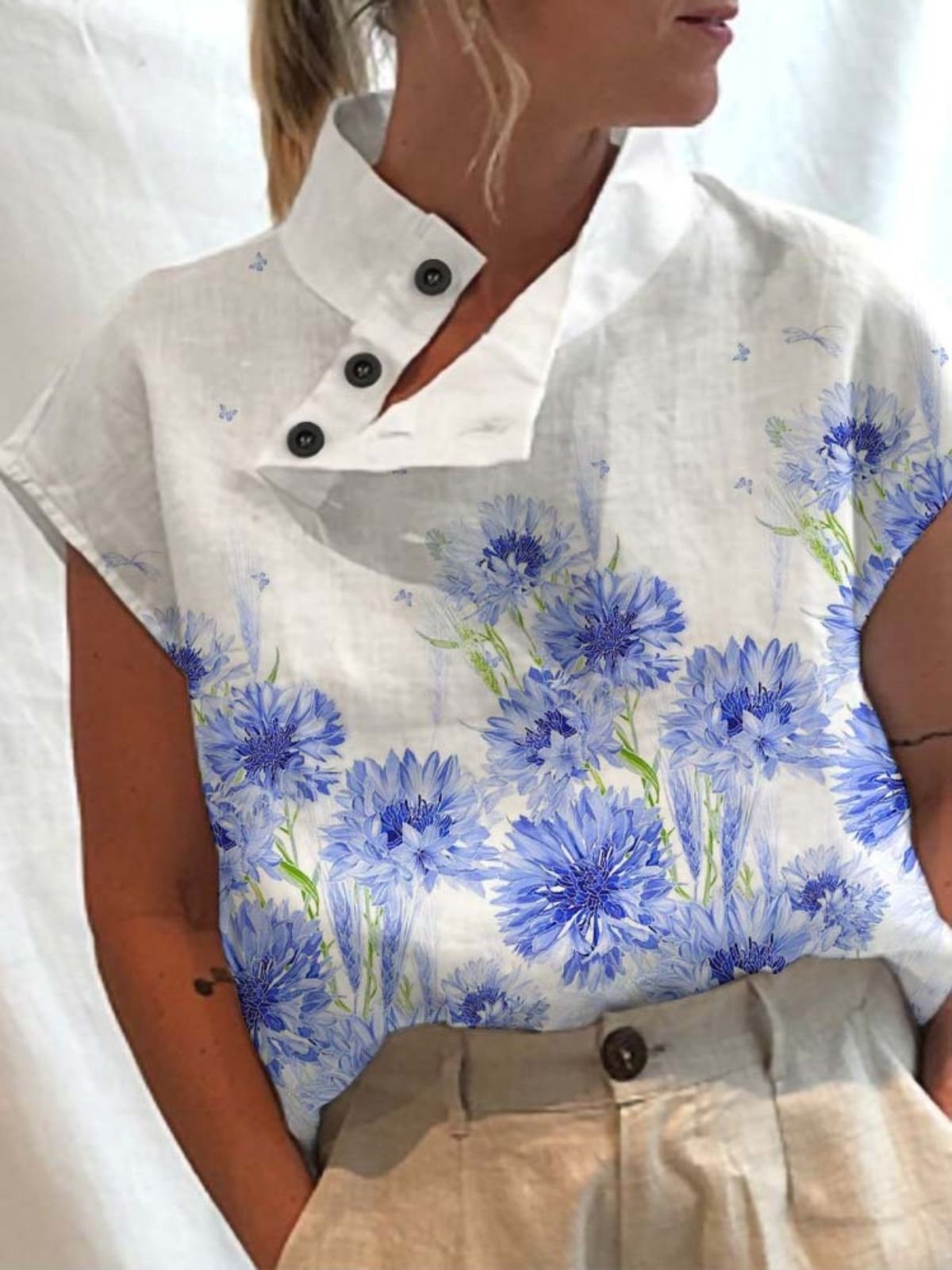 Schalkragen Kurzarm Geblümt Regelmäßig Mikroelastizität Regelmäßige Passform Bluse für Damen