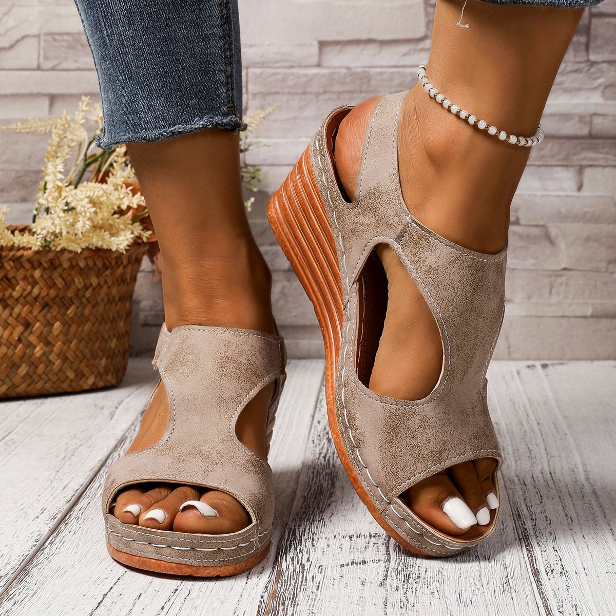 Retro Unifarben Verstellbare Schnalle Blockabsatz Peep-Toe-Sandalen