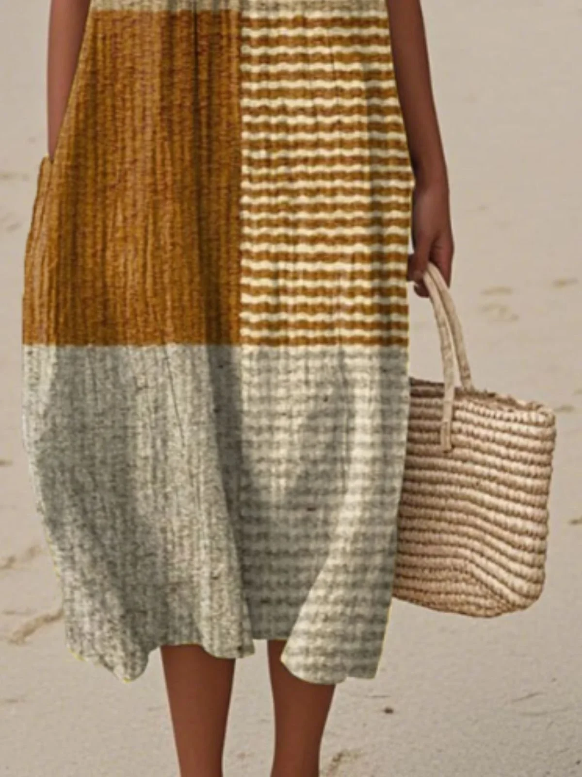 Damen Farbblock Sommer Kleid Rundhals Ärmellos A-Linien-Kleid