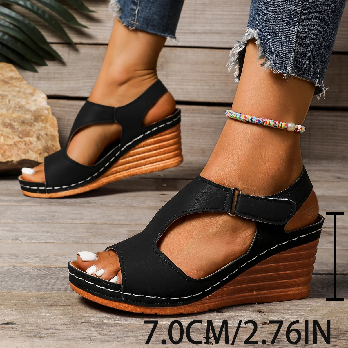 Retro Unifarben Verstellbare Schnalle Blockabsatz Peep-Toe-Sandalen