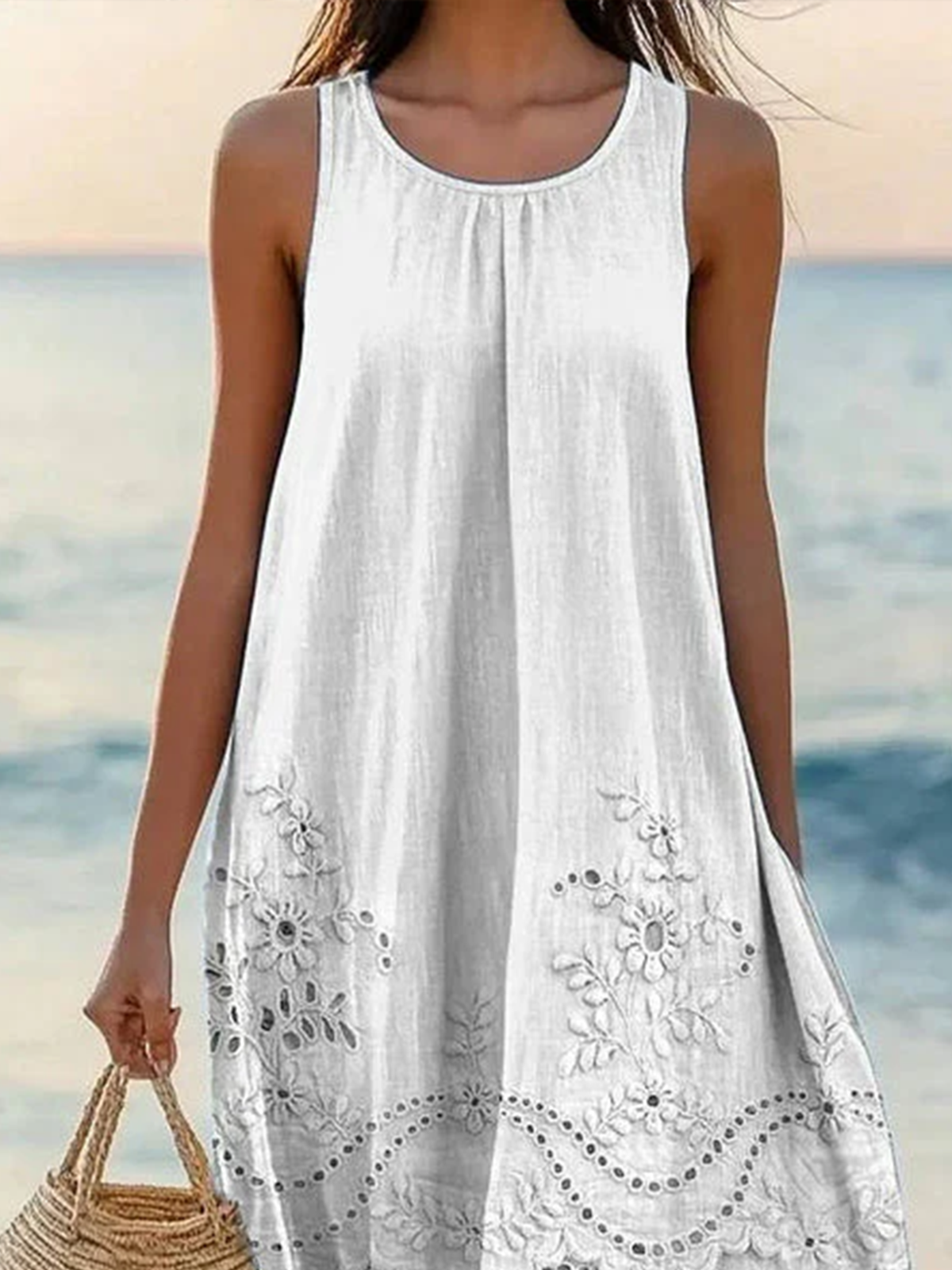Damen Geblümt Sommer Kleid V-Ausschnitt Ärmellos A-Linien-Kleid