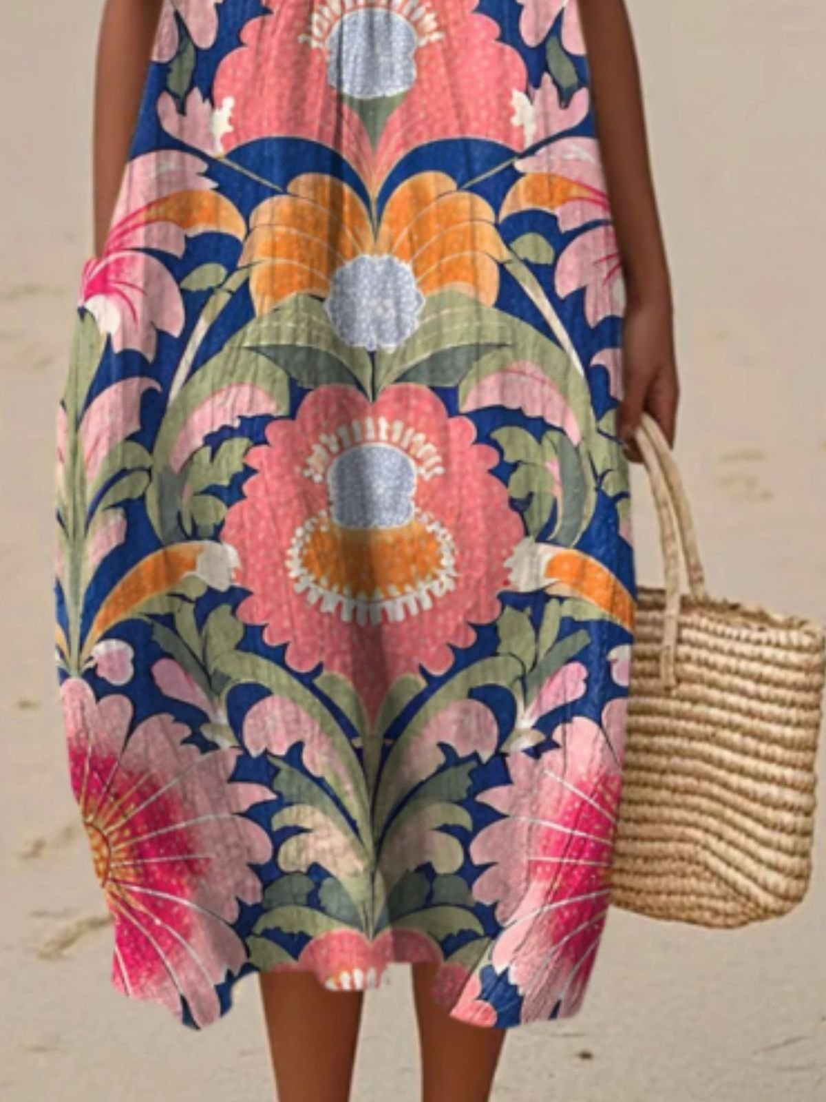 Damen Geblümt Sommer Kleid Rundhals Ärmellos A-Linien-Kleid