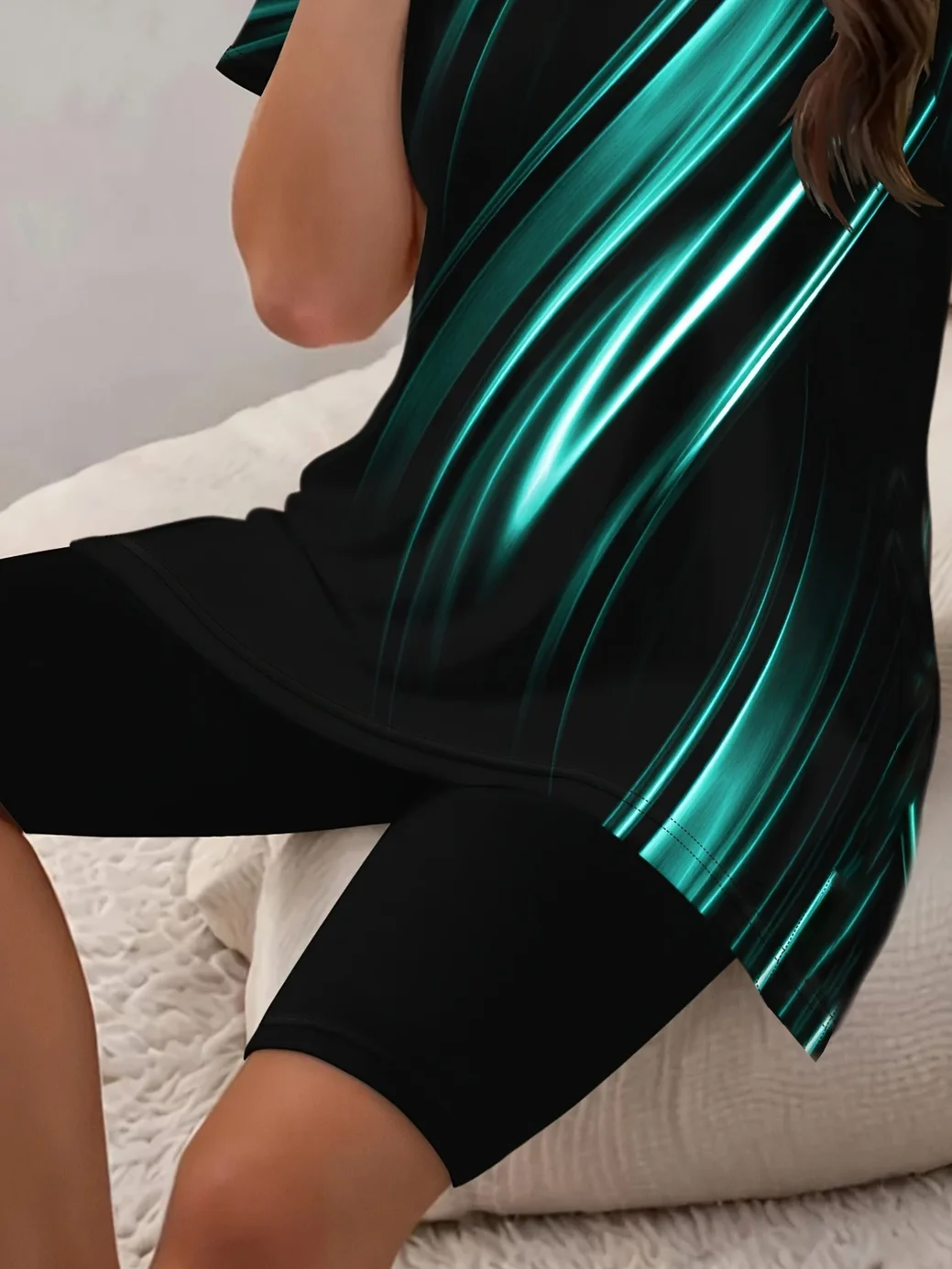 Damen Abstrakt Print Zweiteiliges Set Täglich Kurzarm Lässig Sommer Bluse mit Hose Matching Set