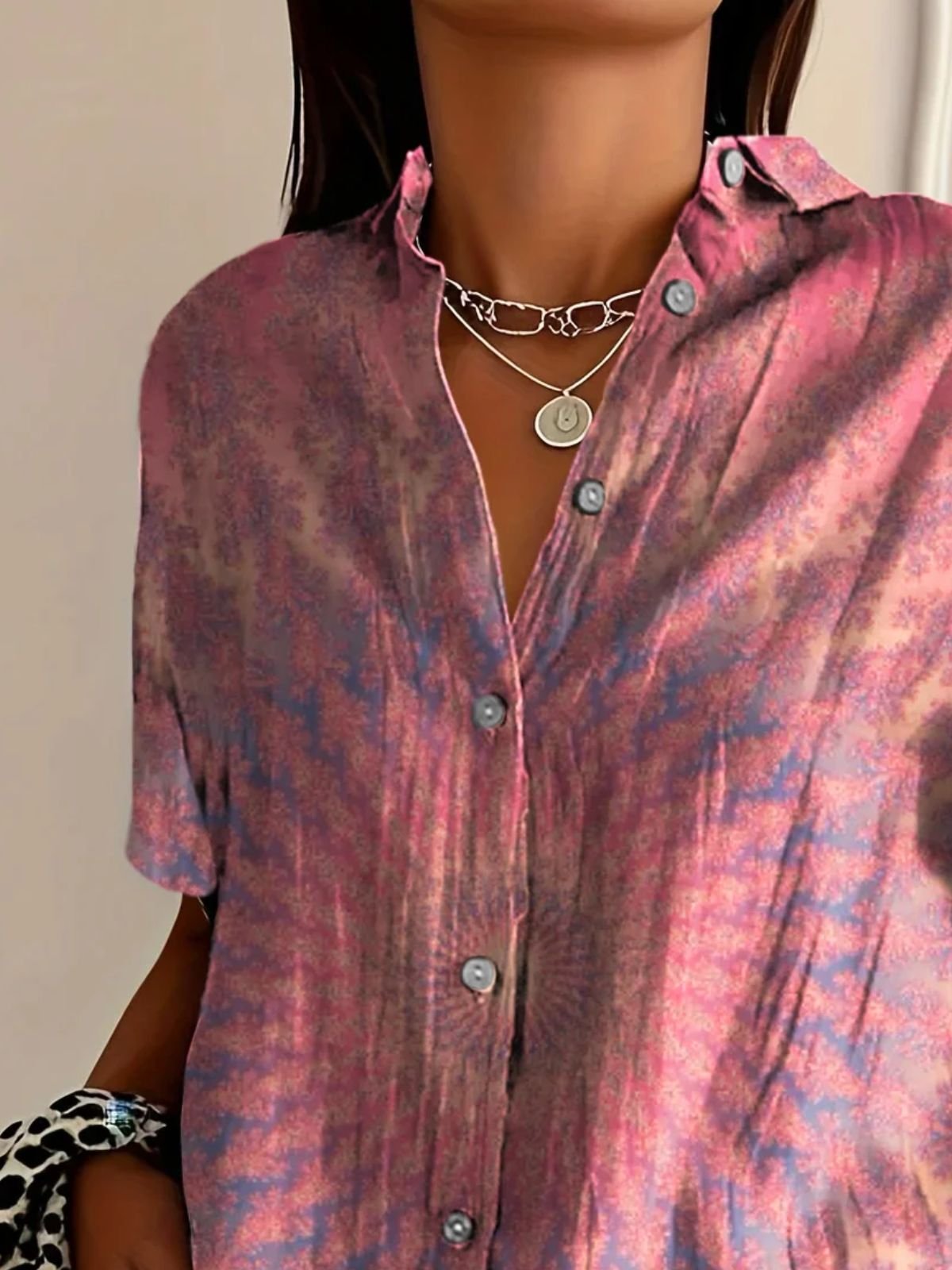 Hemdkragen Kurzarm Geometrisch Regelmäßig Mikroelastizität Regelmäßige Passform Bluse für Damen