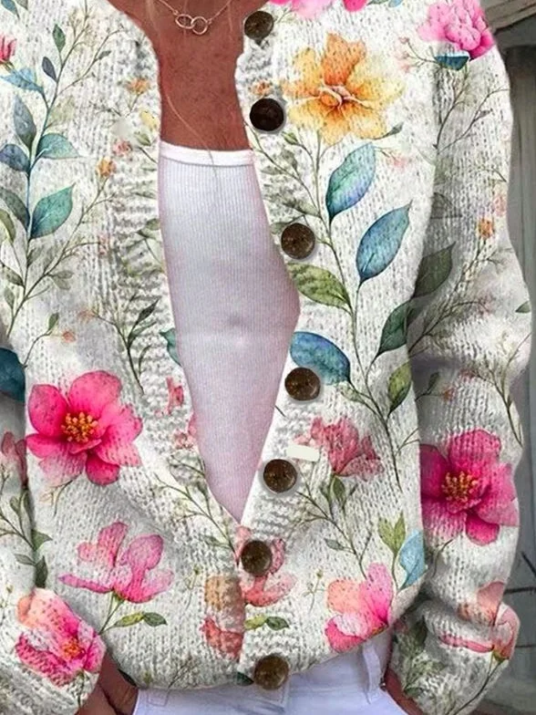 Damen Gestrickt 3d Drucken Langarm Bequem Retro Strickjacke
