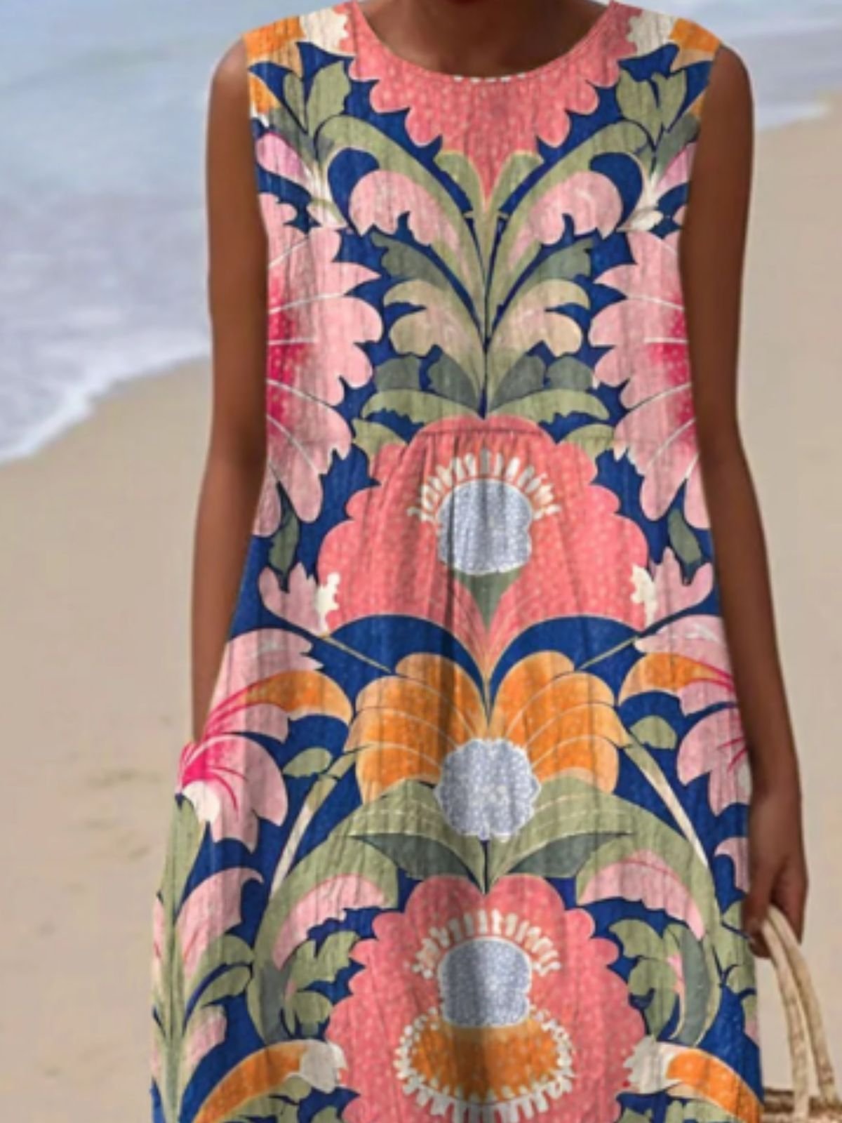 Damen Geblümt Sommer Kleid Rundhals Ärmellos A-Linien-Kleid