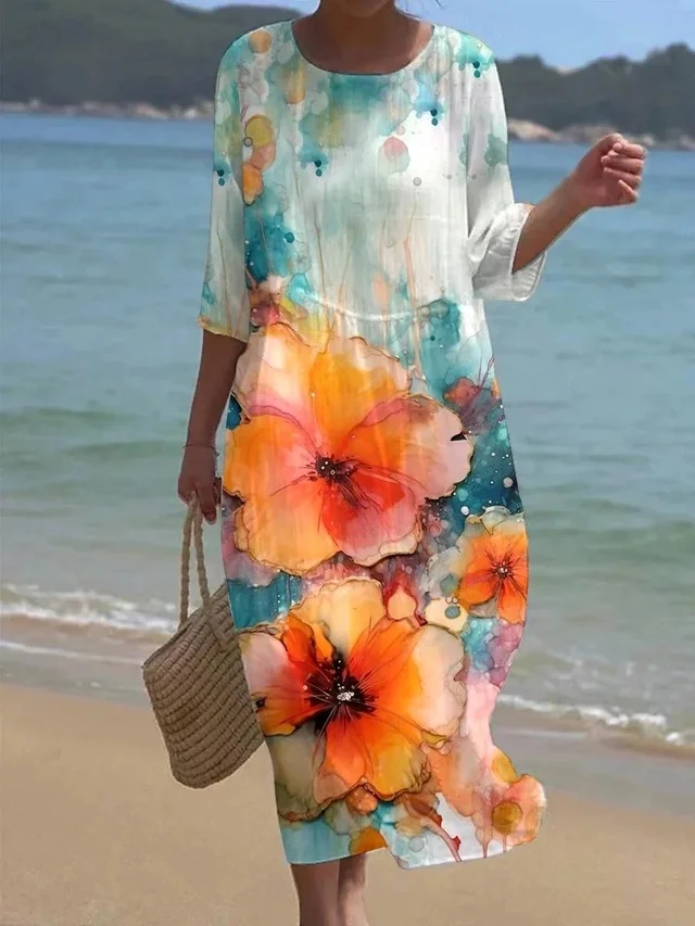 Damen Geblümt Sommer Kleid Rundhals Kurzarm A-Linien-Kleid