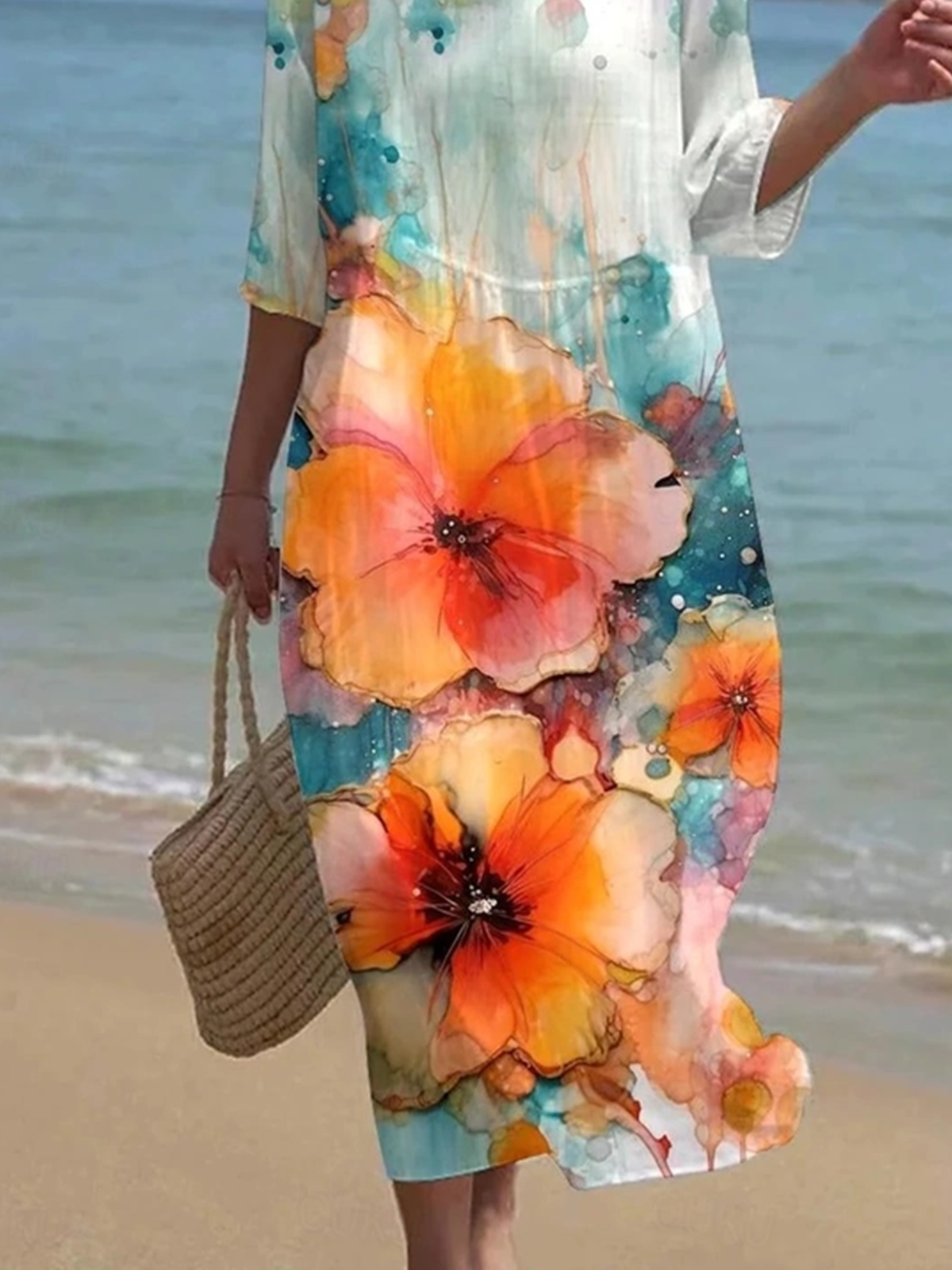 Damen Geblümt Sommer Kleid Rundhals Kurzarm A-Linien-Kleid