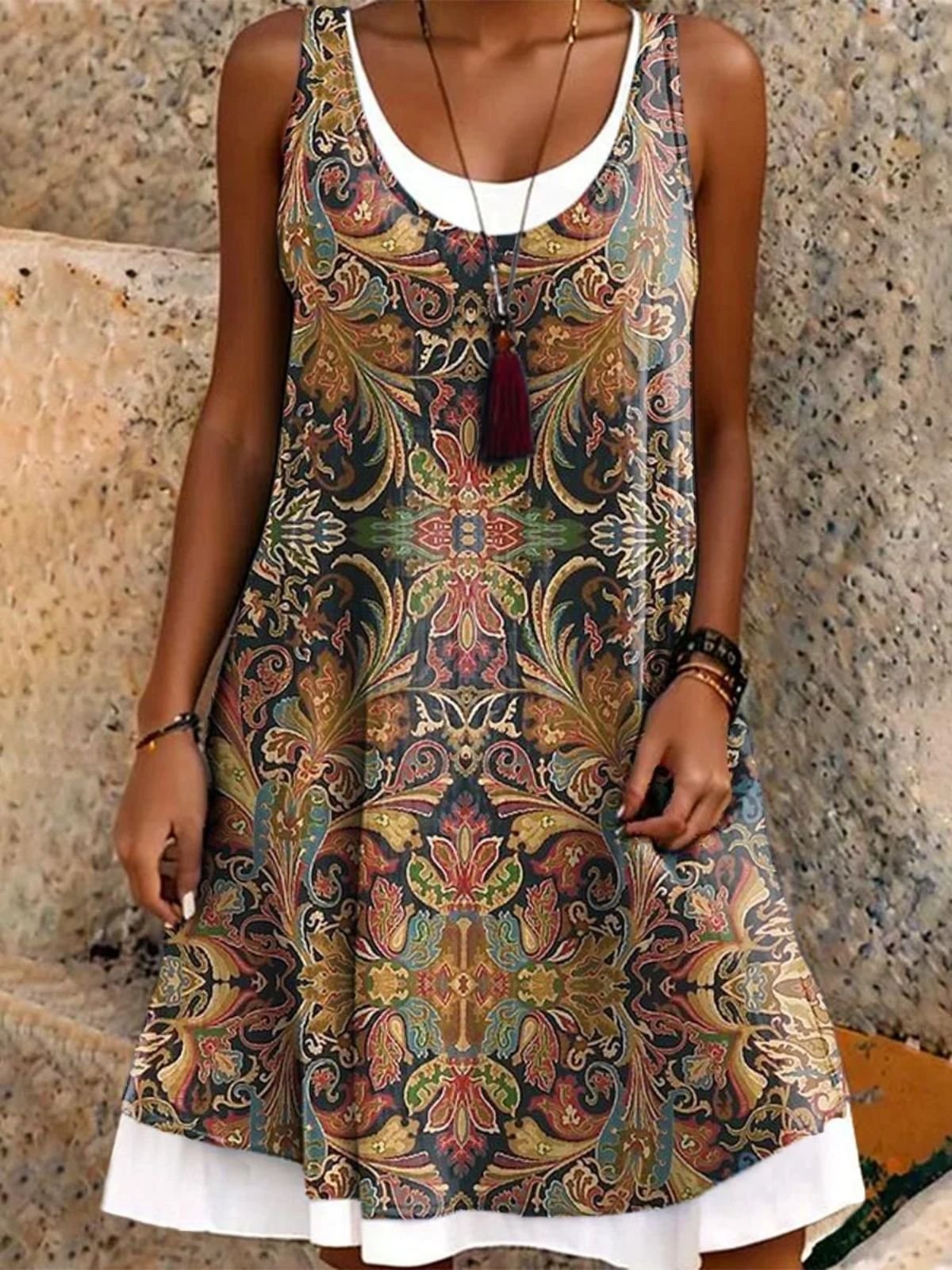 Damen Geblümt Sommer Kleid Rundhals Ärmellos A-Linien-Kleid