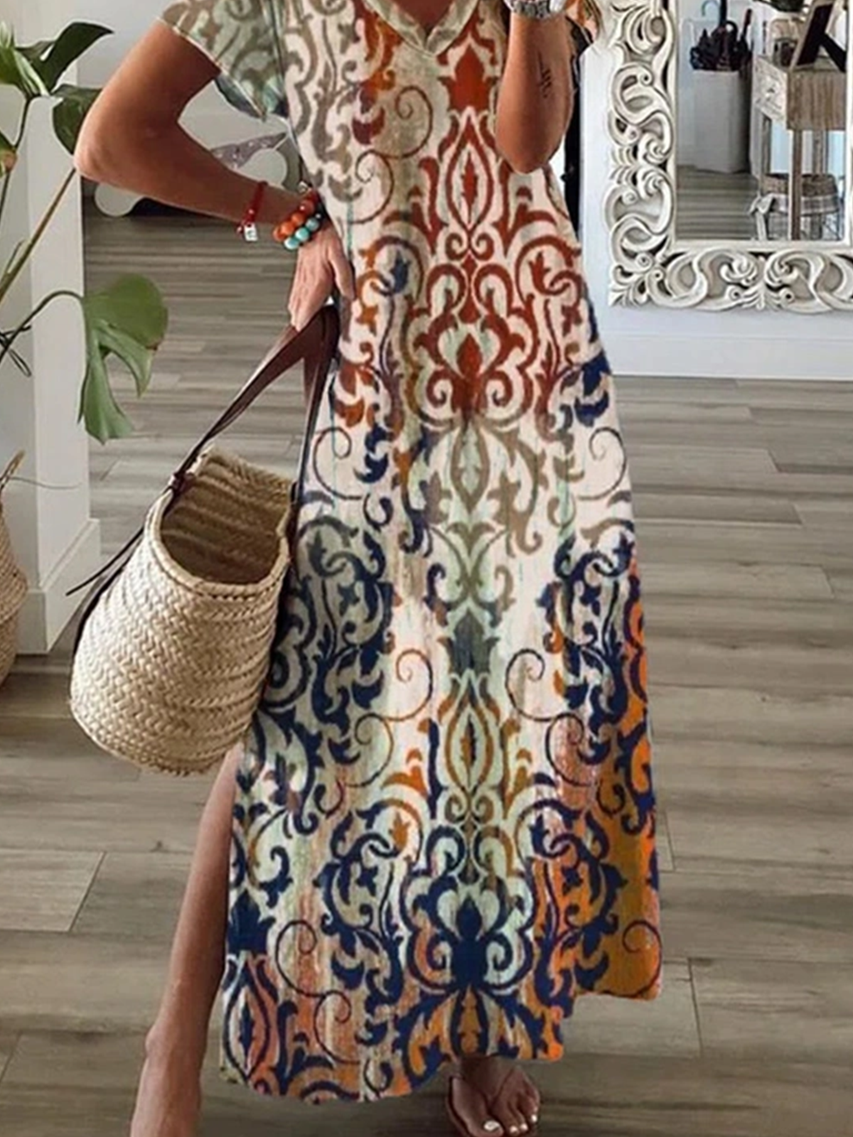 Damen Geblümt Sommer Kleid V-Ausschnitt Kurzarm A-Linien-Kleid