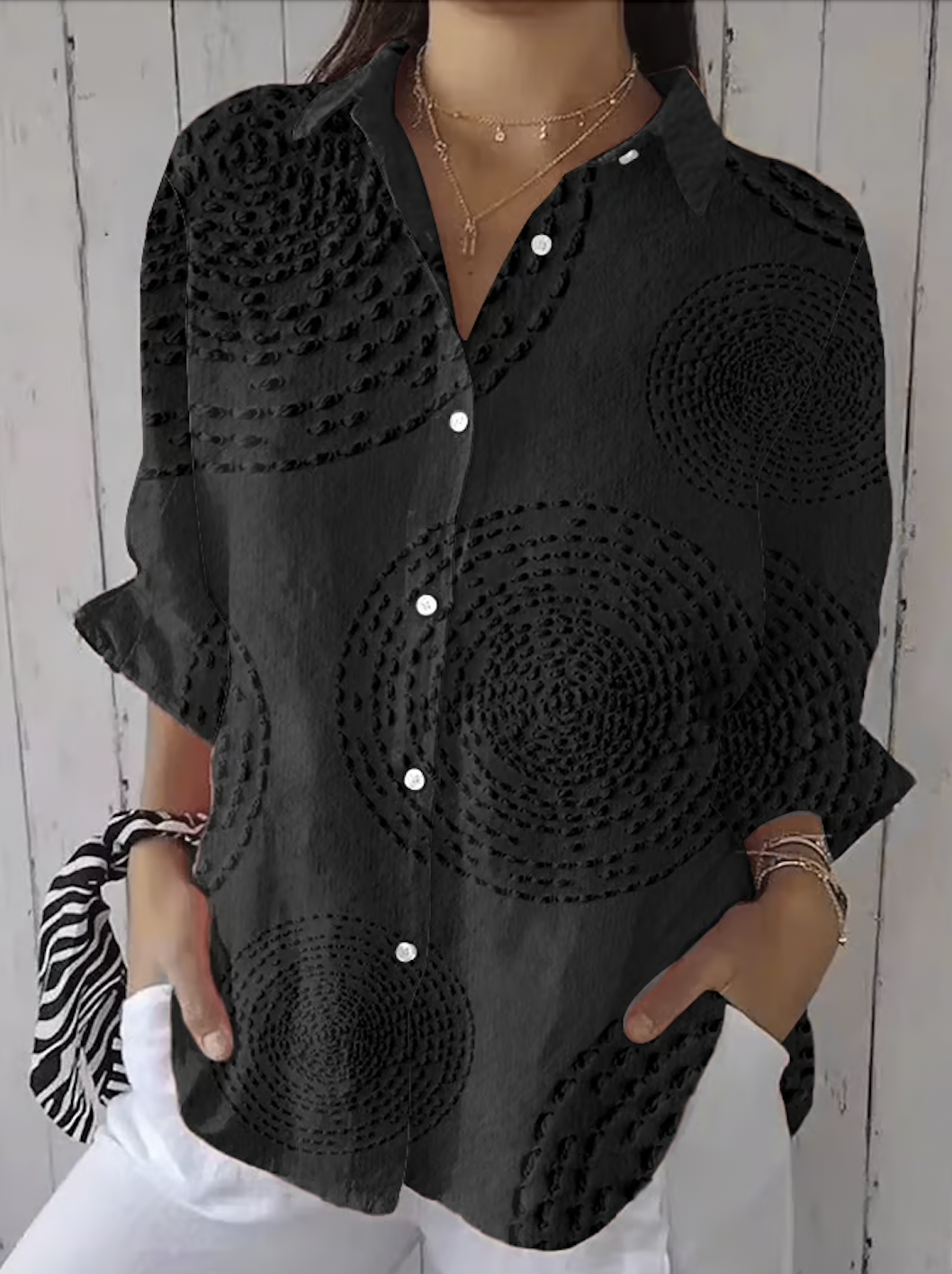 Hemdkragen Langarm Geometrisch Regelmäßig Mikroelastizität Regelmäßige Passform Bluse für Damen