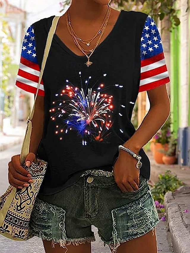 Lässig Amerika-Flagge V-Ausschnitt Kurzarm T-Shirt