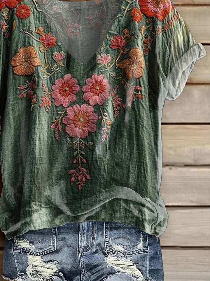 Lässig Geblümt V-Ausschnitt Kurzarm T-Shirt