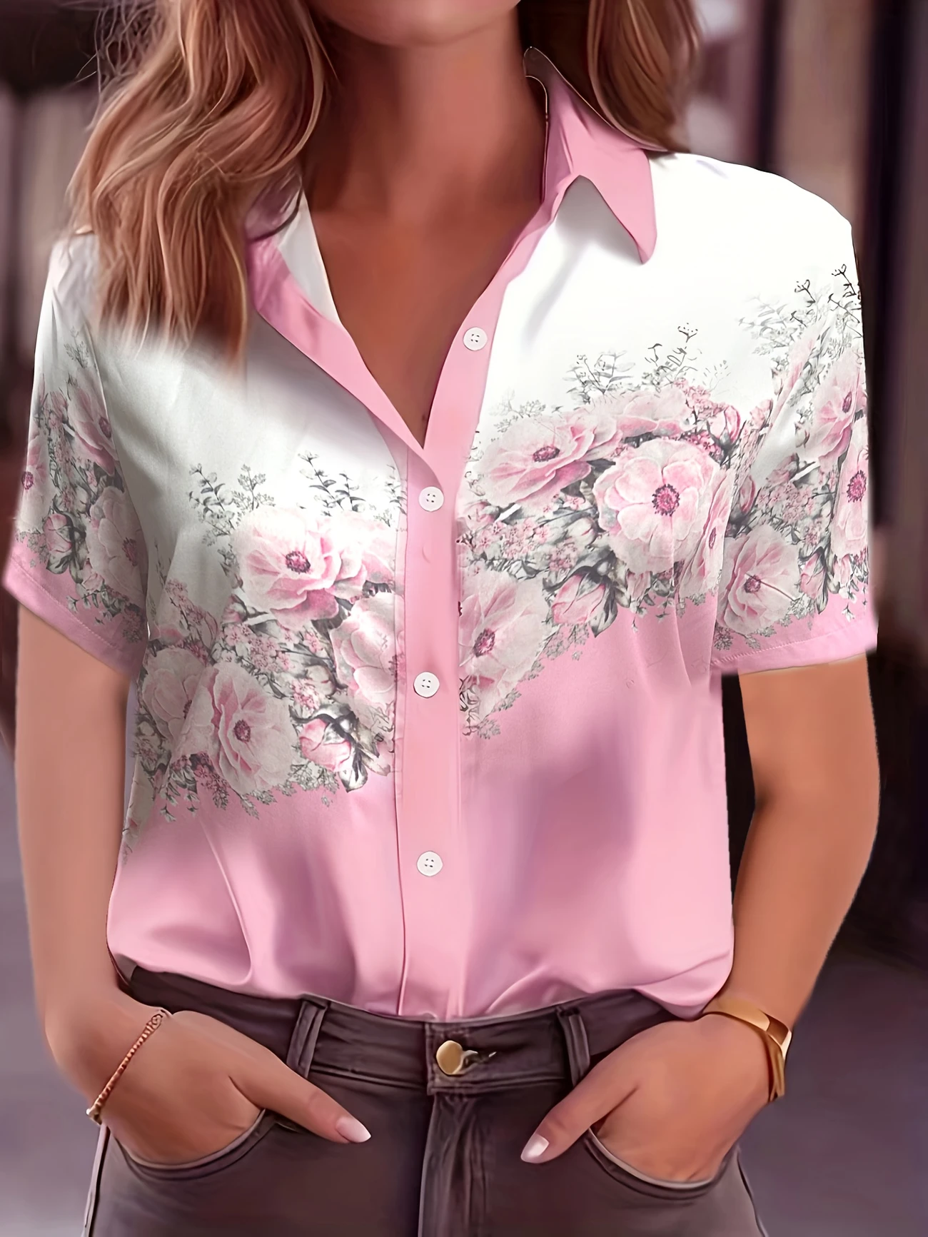 Hemdkragen Kurzarm Geblümt Print Regelmäßig Mikroelastizität Weit Knopfhemd Bluse für Damen