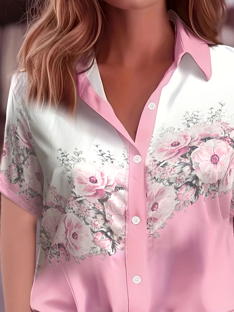 Hemdkragen Kurzarm Geblümt Print Regelmäßig Mikroelastizität Weit Knopfhemd Bluse für Damen