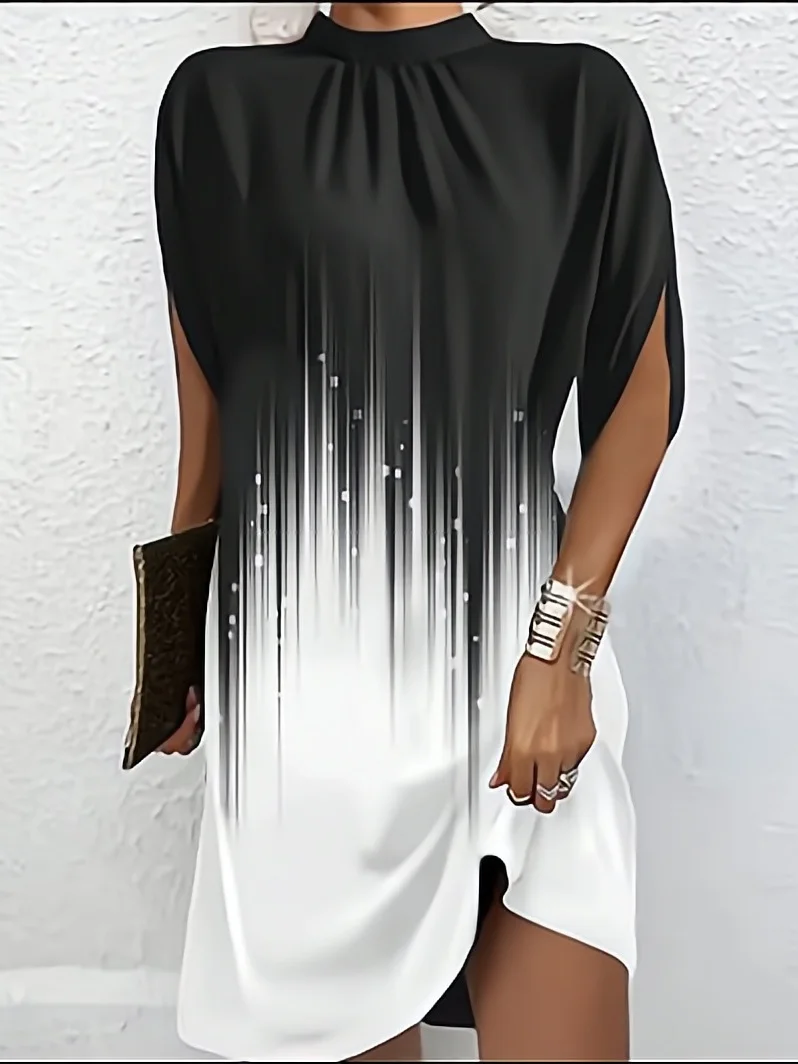 Damen Geometrisch Dolman-Ärmel Sommer Print Kleid Rundhals Kurzarm Tanktop A-Linien-Kleid