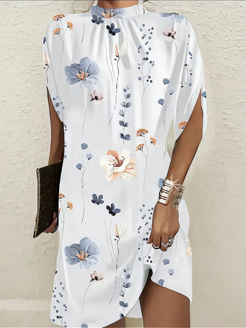 Damen Geometrisch Dolman-Ärmel Sommer Print Kleid Rundhals Kurzarm Tanktop A-Linien-Kleid