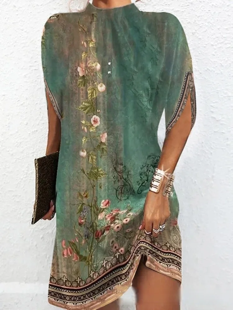 Damen Geometrisch Dolman-Ärmel Sommer Print Kleid Rundhals Kurzarm Tanktop A-Linien-Kleid