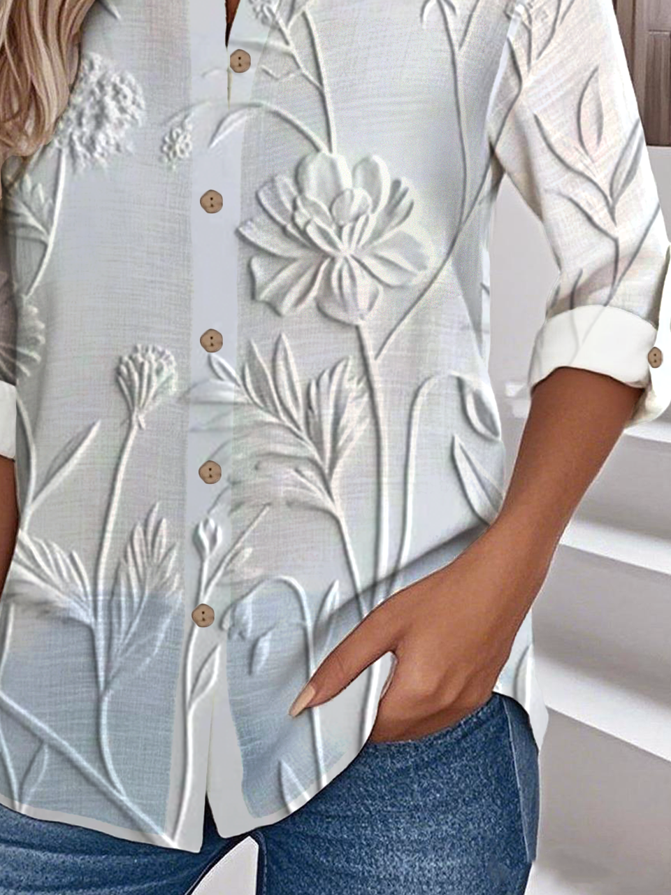 Stehkragen Langarm 3d Drucken Regelmäßig Weit Bluse für Damen