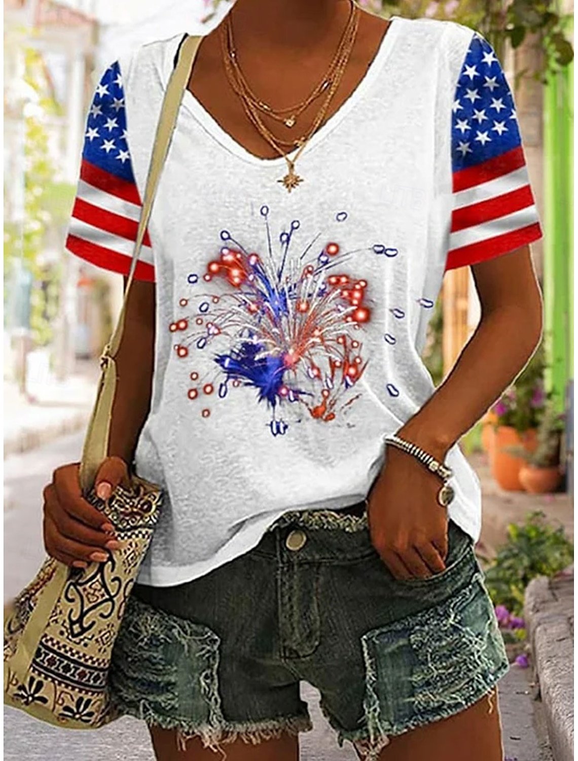 Lässig Amerika-Flagge V-Ausschnitt Kurzarm T-Shirt