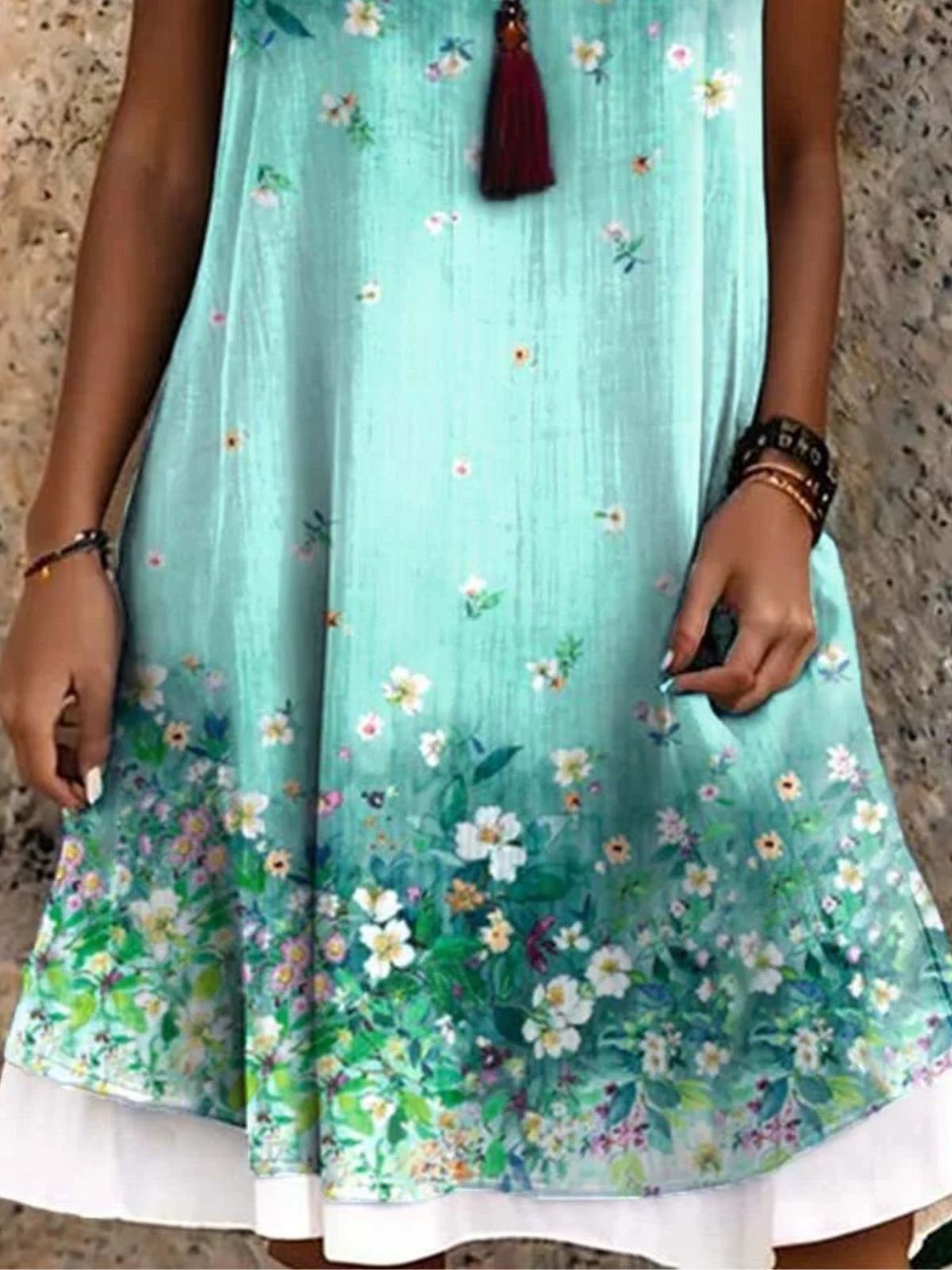 Damen Geblümt Sommer Kleid Rundhals Ärmellos A-Linien-Kleid