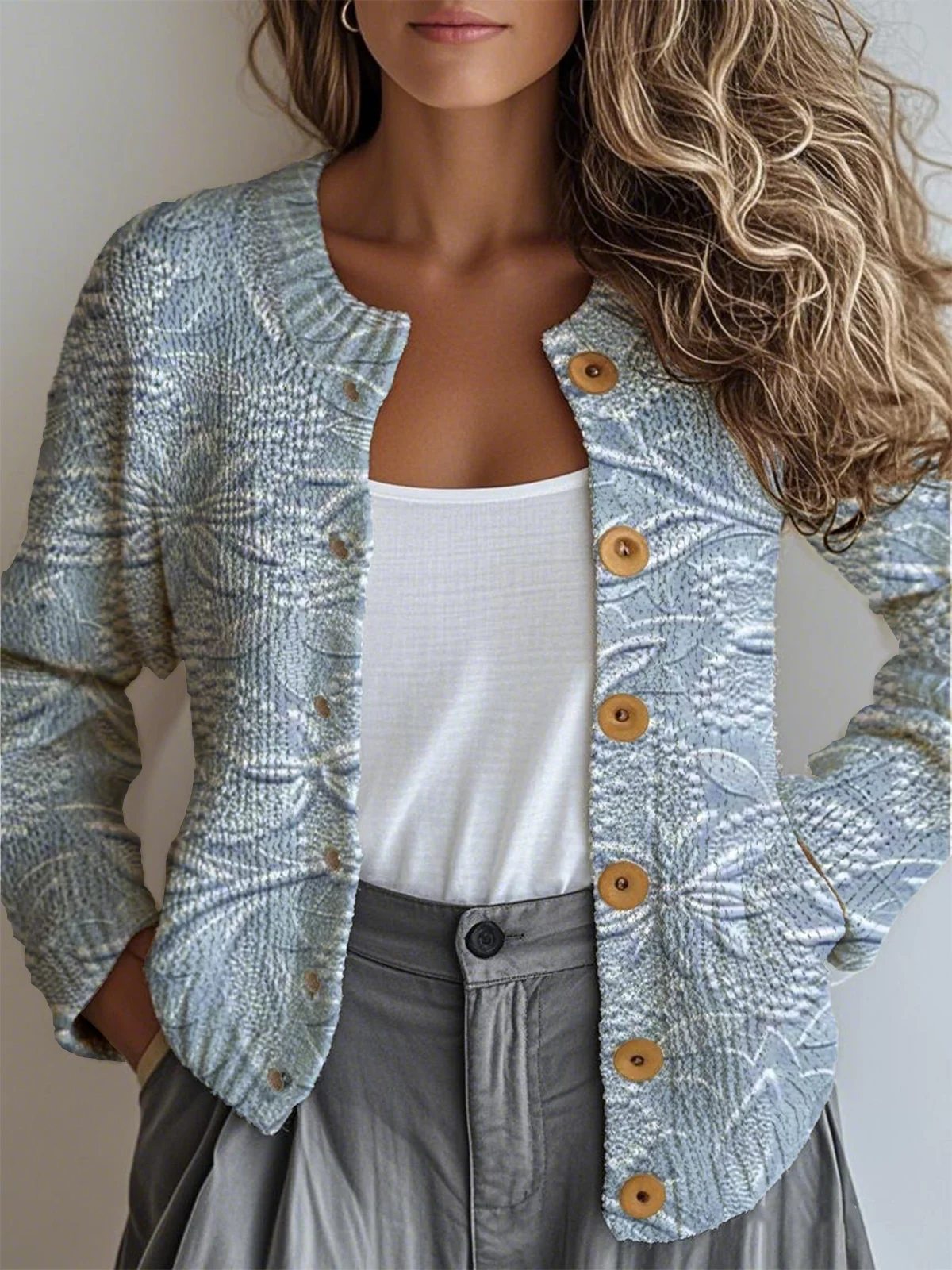 Damen Gestrickt 3d Drucken Langarm Bequem Retro Strickjacke