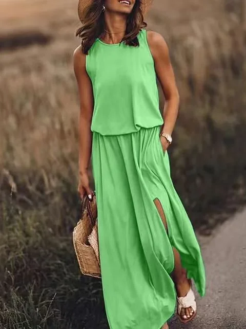 Damen Unifarben Sommer Nahtverarbeitung Kleid Rundhals Ärmellos Tanktop A-Linien-Kleid