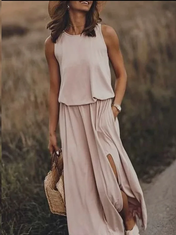 Damen Unifarben Sommer Nahtverarbeitung Kleid Rundhals Ärmellos Tanktop A-Linien-Kleid
