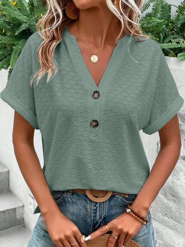 Lässig Unifarben V-Ausschnitt Kurzarm T-Shirt