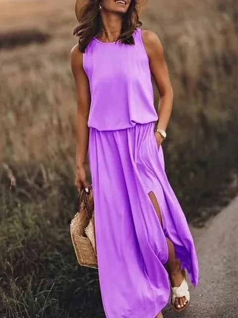 Damen Unifarben Sommer Nahtverarbeitung Kleid Rundhals Ärmellos Tanktop A-Linien-Kleid