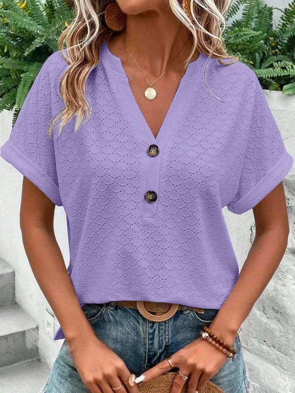 Lässig Unifarben V-Ausschnitt Kurzarm T-Shirt