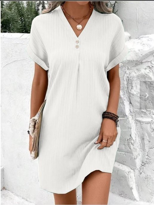 Damen Unifarben Sommer Nahtverarbeitung Kleid V-Ausschnitt Kurzarm Tanktop A-Linien-Kleid